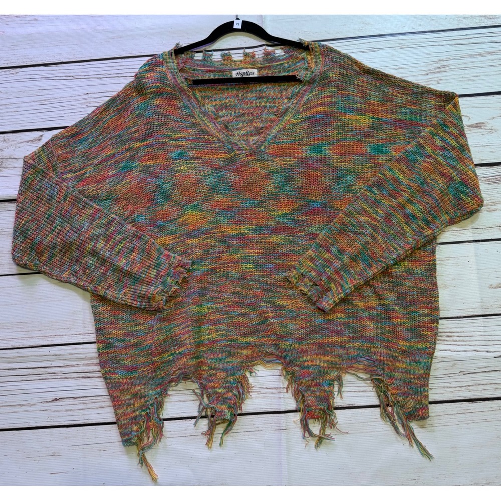 Haptics Holly Harper Multi Color Distressed Space Dye V-Neck Sweater 3X Boho